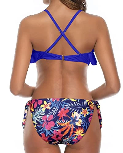 High Cut Side Tie Bottom Two Piece Flounce Bikini-Royal Blue Floral 2 High Cut Side Tie Bottom Two Piece Flounce Bikini-Royal Blue Floral - Image 2