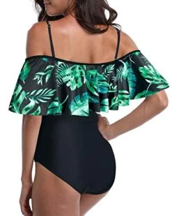 Flattering Flounce Off Shoulder One Piece Bathing Suit-Black And Green Leaves -Bikini Beach Shop 41VFQz7MIQL bb22a2d8 e5e5 420e a0a3 f8efb82370e9