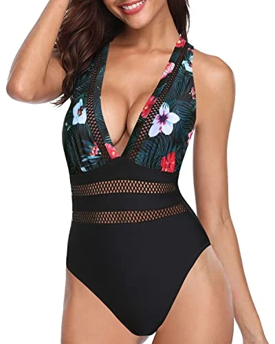 Comfy Padded Push Up V Neck One Piece Swimsuits-Black Floral 1 Comfy Padded Push Up V Neck One Piece Swimsuits-Black Floral