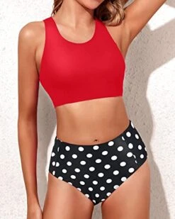 Women's Sporty Two Piece High Waisted Bikini Swimsuits-Red Dot 6 Women's Sporty Two Piece High Waisted Bikini Swimsuits-Red Dot -Bikini Beach Shop 41VSiCGDFTL