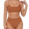 Stretchy Waistband Tummy Control Two Piece High Waisted Bikini-Brown