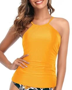 Women's Tummy Slimming High Neck Tankini Top-Yellow