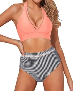 Women's Bikini Sets Halter Padded Bra Two Piece Swimsuits-Coral Pink Stripe -Bikini Beach Shop 41W6DQIQF9L 91077b97 3a43 4ee3 ae19 9a7c91d05de9