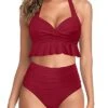 2 Piece Push Up Ruffle Bikini Womens Tummy Control Swimsuits-Red