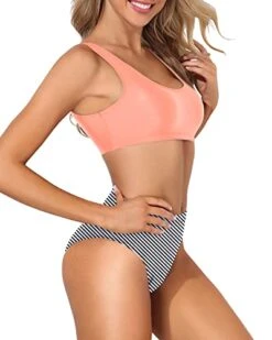 Women's Sporty Bathing Suit Crop Top High Cut Swimsuit-Coral Pink Stripe -Bikini Beach Shop 41WIzMW7mTL