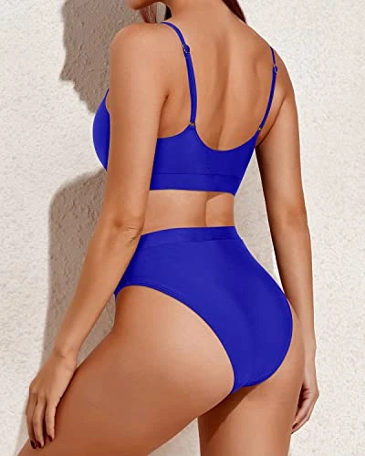 Adjustable Spaghetti Straps High Waisted Bikini Sporty Scoop Neck Swimsuits-Royal Blue 2 Adjustable Spaghetti Straps High Waisted Bikini Sporty Scoop Neck Swimsuits-Royal Blue - Image 2