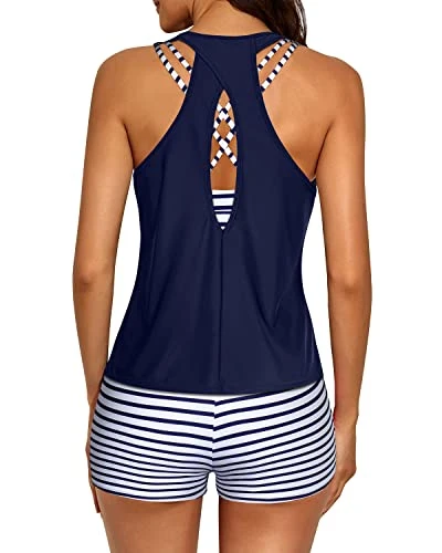 3 Piece Women's Scoop Neck Criss Cross Tankini Swimsuits-Blue White Stripe 2 3 Piece Women's Scoop Neck Criss Cross Tankini Swimsuits-Blue White Stripe - Image 2