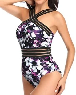 Supportive Push Up Bras Sexy One Piece Swimsuits-Purple Flowers -Bikini Beach Shop 41Wgia29fML