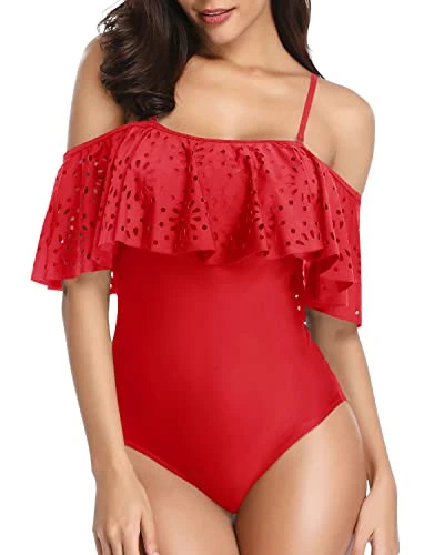Sexy Ruffle Flounce Hollow Bathing Suits One Piece Off Shoulder Lace Swimsuits-Red 2 Sexy Ruffle Flounce Hollow Bathing Suits One Piece Off Shoulder Lace Swimsuits-Red - Image 2