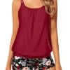 Women Tummy Area Coverage Blouson Tankini Swimsuits-Red Floral