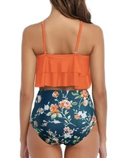 Feminine Ruffle High Waisted Ruched 2 Piece Bikini Set-Orange Flowers -Bikini Beach Shop 41XEPOjc oL