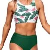 High Waisted Sporty Bikini Set 2 Piece Bathing Suits For Teen Girls-Green Tropical Floral