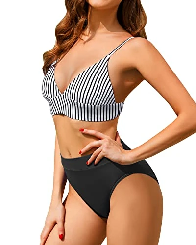 Stylish High Waisted Bikini Set Two Piece Triangle Bathing Suits-Black And White Stripe 4 Stylish High Waisted Bikini Set Two Piece Triangle Bathing Suits-Black And White Stripe - Image 4