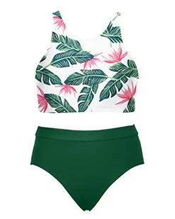 High Waisted Sporty Bikini Set 2 Piece Bathing Suits For Teen Girls-Green Tropical Floral -Bikini Beach Shop 41XeBPorf3L