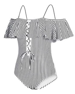 Flattering One Piece Lace Up Ruffled Bathing Suit-Black And White Stripe 7 Flattering One Piece Lace Up Ruffled Bathing Suit-Black And White Stripe -Bikini Beach Shop 41Xj7mbjHJL