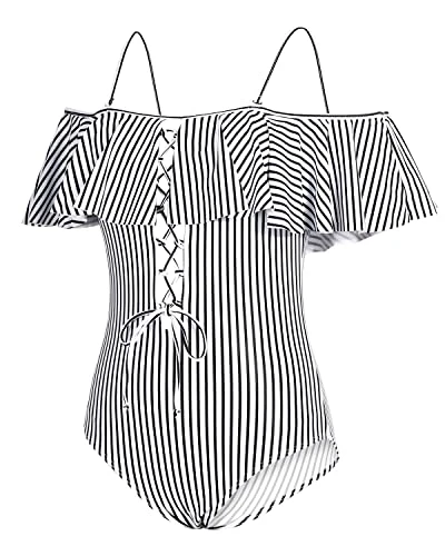 Flattering One Piece Lace Up Ruffled Bathing Suit-Black And White Stripe 4 Flattering One Piece Lace Up Ruffled Bathing Suit-Black And White Stripe - Image 4