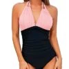 Halter Bathing Suits Tummy Control Backless Swimwear-Pink And Black