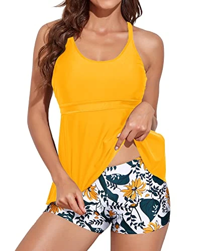 Sporty Flowy Tankini Bathing Suits Boy Shorts For Women-Yellow Floral 2 Sporty Flowy Tankini Bathing Suits Boy Shorts For Women-Yellow Floral - Image 2