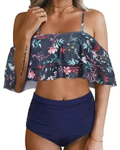 Gorgeous Two Piece High Waisted Ruffle Bikini Set-Blue Colorul Flowers