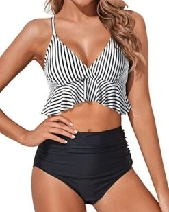 Women's Comfortable Beach Vacation Bikini Swimwear-Black And White Stripe