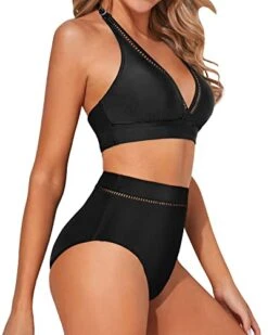 2 Piece High Waisted Deep V Neck Two Piece Swimsuits For Women-Black -Bikini Beach Shop 41YXe8ege L