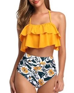 Two Piece Sexy Halter High Waisted Bikini For Teen Girls-Yellow Floral -Bikini Beach Shop 41YwJ6BuLaL