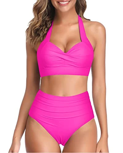 High Waisted Pleated Front Panel Women's Bikini Swimsuits-Neon Pink 1 High Waisted Pleated Front Panel Women's Bikini Swimsuits-Neon Pink