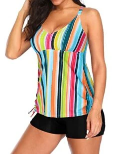 High Waisted Boyshorts Tummy Control Tankini For Women-Colorful Stripes -Bikini Beach Shop 41ZfSVXv9rL