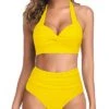 Vintage Halter Ruched High Waist Swimsuit Sets For Women-Neon Yellow