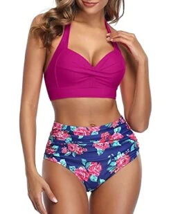 Retro Halter Ruched High Waist Bikini Women's Bikini Swimsuits-Pink Floral -Bikini Beach Shop 41 47QSo7sL