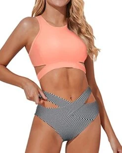 Cute Cutout Bandage Two Piece Bathing Suits-Coral Pink Stripe -Bikini Beach Shop 41 83 nvXWL 41b60d2f 1518 45e8 b526 23d981085028