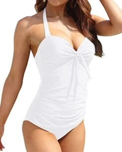 Self-Tie Halter Neck Slimming One Piece Swimsuits-White -Bikini Beach Shop 41 FjGmQneL
