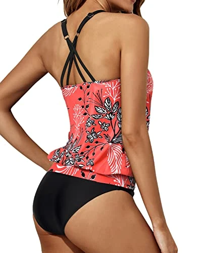 2 Piece Soft Padded Push Up Scoop Neck Tankini Set-Red Floral 3 2 Piece Soft Padded Push Up Scoop Neck Tankini Set-Red Floral - Image 3
