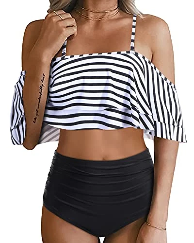 Fashionable High Waisted Ruffle Bikini Set For Beach-Black And White Stripe 1 Fashionable High Waisted Ruffle Bikini Set For Beach-Black And White Stripe