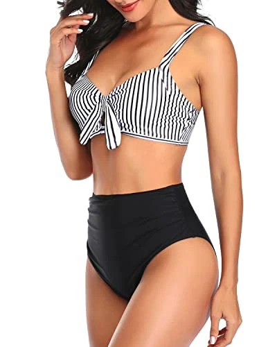 Ruched Tummy Control Women Two Piece High Waisted Bikini Set-Black And White Stripe 3 Ruched Tummy Control Women Two Piece High Waisted Bikini Set-Black And White Stripe - Image 3