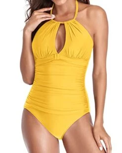 Deep V Neck One Piece Black Halter Bathing Suits-Neon Yellow -Bikini Beach Shop 41 fWZm1 eL