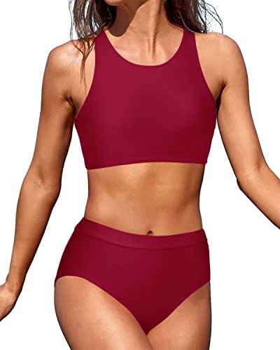 Women Two Piece Swimsuits High Waisted Bikini Set-Red 1 Women Two Piece Swimsuits High Waisted Bikini Set-Red