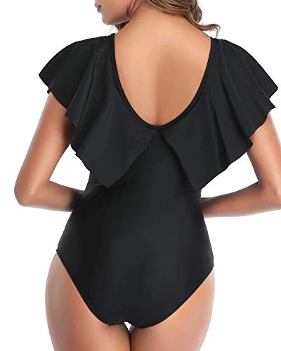 Flounce Sleeve V Neck One Piece Swimsuit For Women-Black 2 Flounce Sleeve V Neck One Piece Swimsuit For Women-Black - Image 2