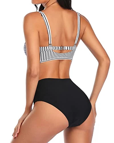 Ruched Tummy Control Women Two Piece High Waisted Bikini Set-Black And White Stripe 2 Ruched Tummy Control Women Two Piece High Waisted Bikini Set-Black And White Stripe - Image 2