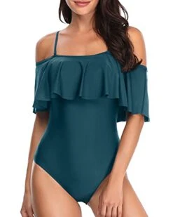 Off Shoulder Long Torso Vintage One Piece Swimsuits-Teal