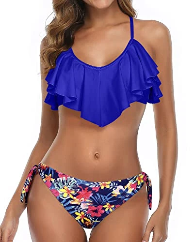 High Cut Side Tie Bottom Two Piece Flounce Bikini-Royal Blue Floral 1 High Cut Side Tie Bottom Two Piece Flounce Bikini-Royal Blue Floral