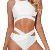 Cute And Comfortable Criss Cross Bikini Set Two Piece High Neck Bikini Set-White