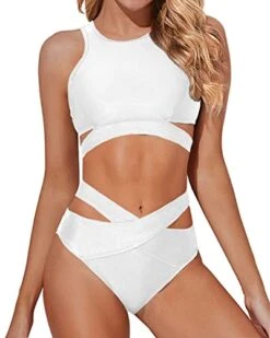 Cute And Comfortable Criss Cross Bikini Set Two Piece High Neck Bikini Set-White