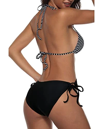 Push Up Enhancement Cheeky Triangle Bikini Bathing Suit-Black And White Stripe 3 Push Up Enhancement Cheeky Triangle Bikini Bathing Suit-Black And White Stripe - Image 3