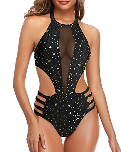 Push Up Bra Support Swimsuit High Neck Backless One Piece-Gold Stars 1 Push Up Bra Support Swimsuit High Neck Backless One Piece-Gold Stars