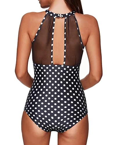 Ruched Monokini See-Through Mesh Women One Piece Swimsuit-Black Dot 2 Ruched Monokini See-Through Mesh Women One Piece Swimsuit-Black Dot - Image 2