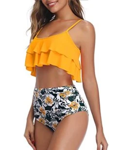 Women's High Waisted Ruffle Ruched 2 Piece Bikini Set-Yellow Floral -Bikini Beach Shop 41b 9UZPh1L