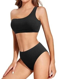 Women's One Shoulder High Waisted High Cut Bikini Set-Black -Bikini Beach Shop 41b0eADjicL