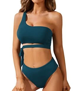 Sexy Two Piece High Waisted One Shoulder Bikini Set High Cut Bottoms-Teal
