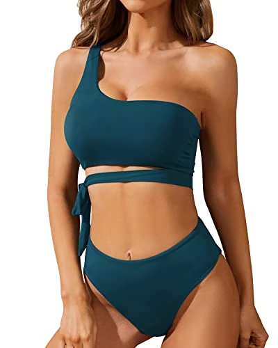 Sexy Two Piece High Waisted One Shoulder Bikini Set High Cut Bottoms-Teal 1 Sexy Two Piece High Waisted One Shoulder Bikini Set High Cut Bottoms-Teal
